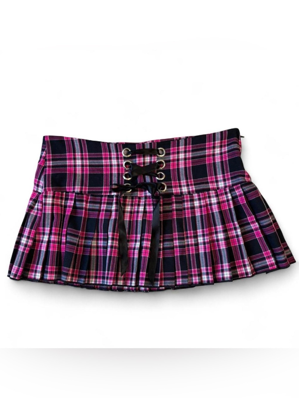Folter Plaid Pleated Mini Skirt Lace Up Pink/Black Size L - Rare